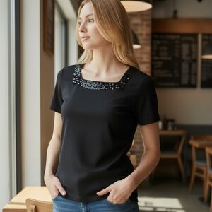 EUC Vintage SML Sport Black Tee Size Large Sequin Neckline Embellished Top!